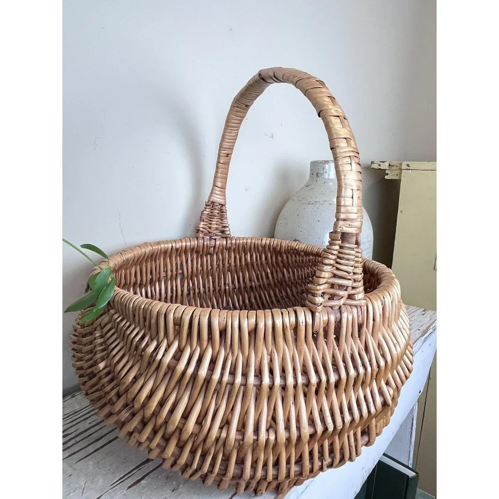 Vintage Large Primitive Chevron Weave Buttocks Woven Wicker Rustic Basket 16”